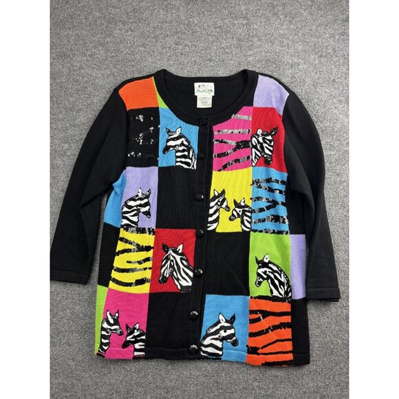 Quacker Factory Sweater Womens Large Multicolor Zebra Patchwork Cardigan Sequin - Picture 1 of 7